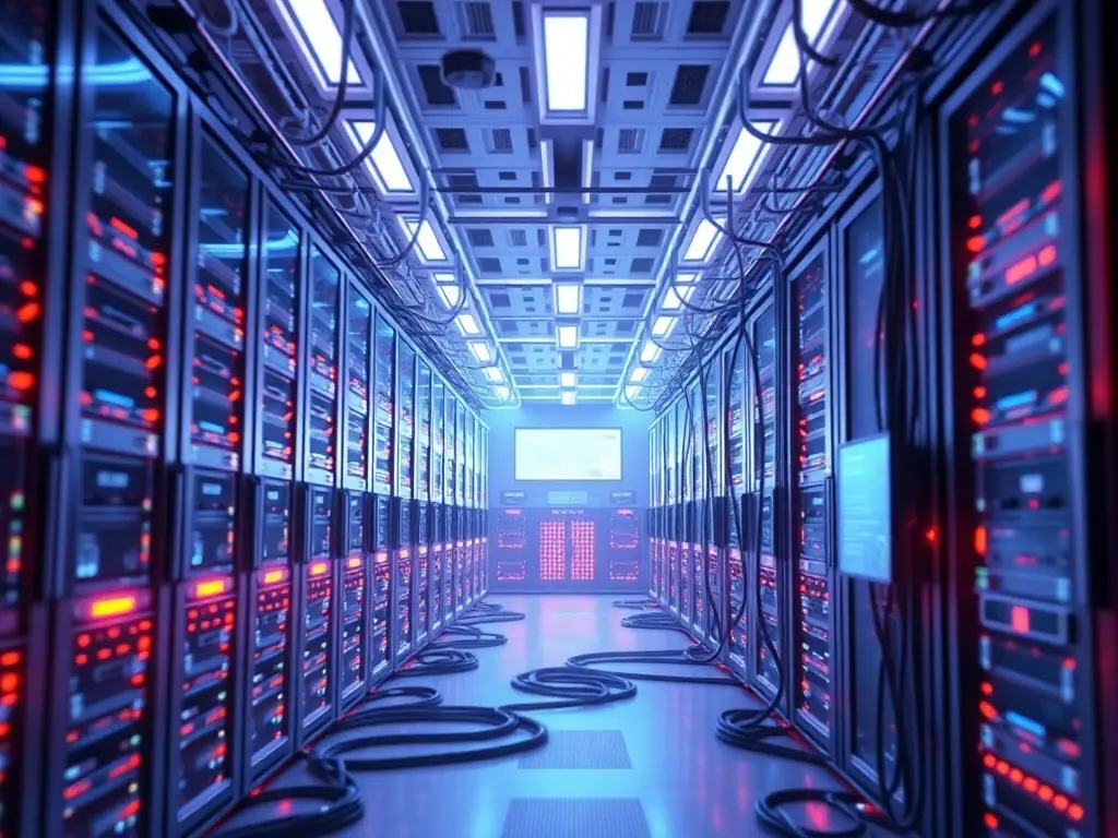 3D rendering of a futuristic data center with glowing servers and advanced IT infrastructure.