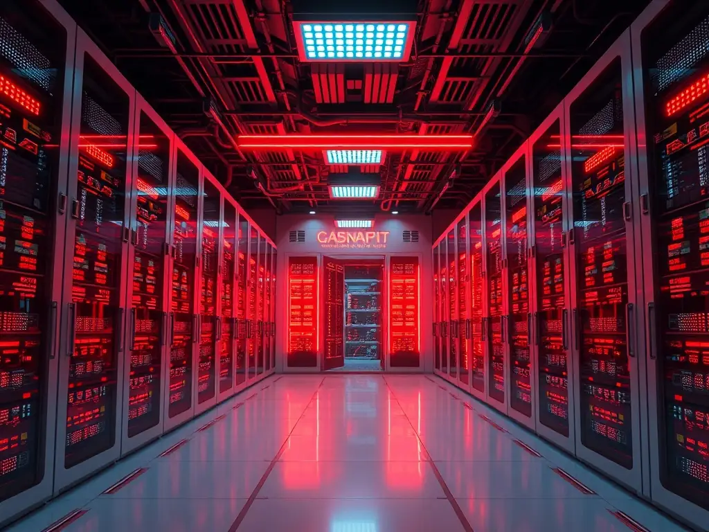 A futuristic server room with glowing data streams and advanced technology.