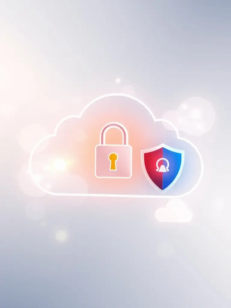 A visual representation of a secure cloud environment with digital security icons.