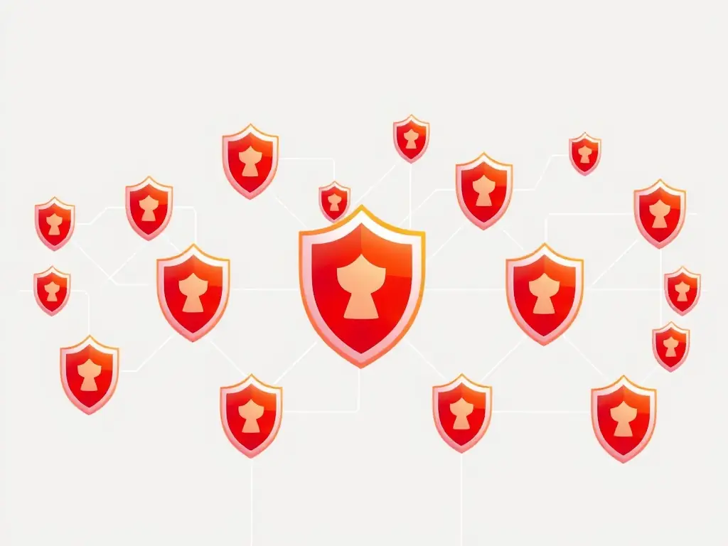 A graphic showing a network of cybersecurity shields protecting data.