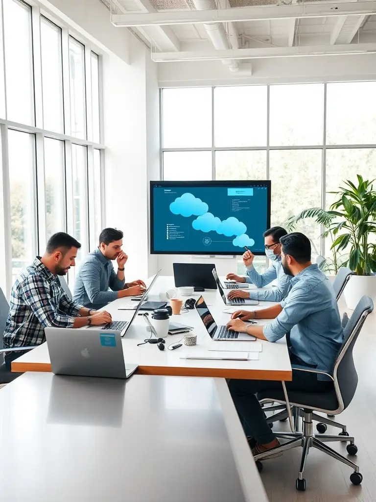 A collaborative team working on cloud solutions in a bright modern office.