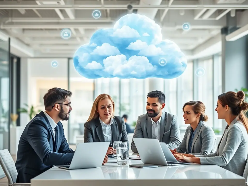 A business team collaborating in a modern office with cloud computing icons above.