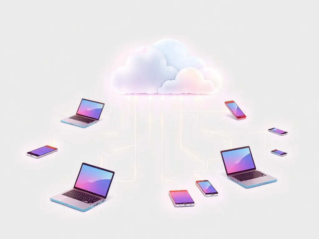 A digital illustration of interconnected devices representing cloud computing on a light gray background.