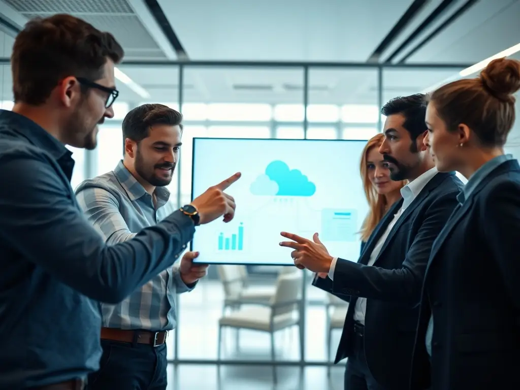 A business team collaborating on cloud software in a modern office setting.