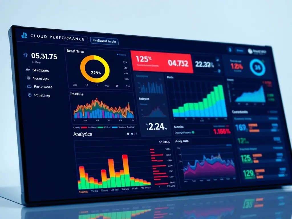 Digital dashboard displaying cloud performance metrics and analytics with colorful graphs and charts.